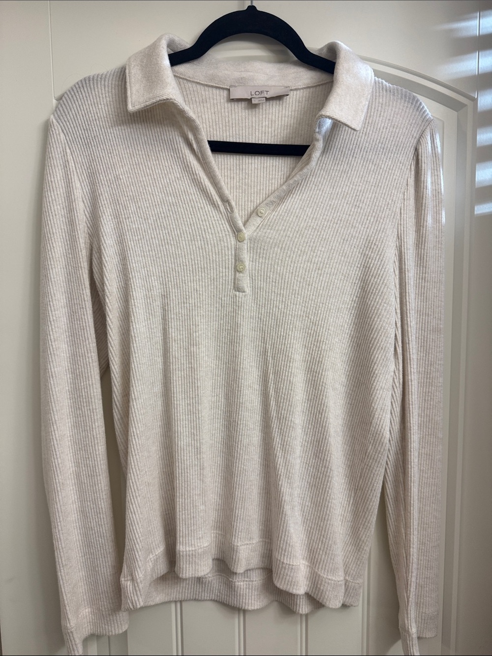 LOFT Cream Ribbed Long-Sleeve Polo Henley, like new, L